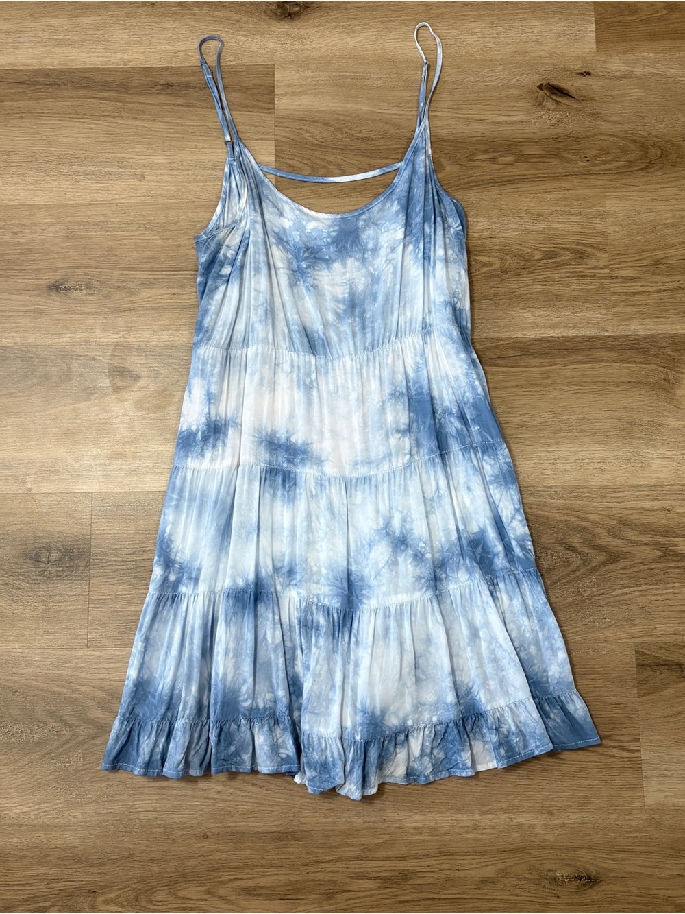 Blue Tie-Dye Tiered Spaghetti Strap Dress